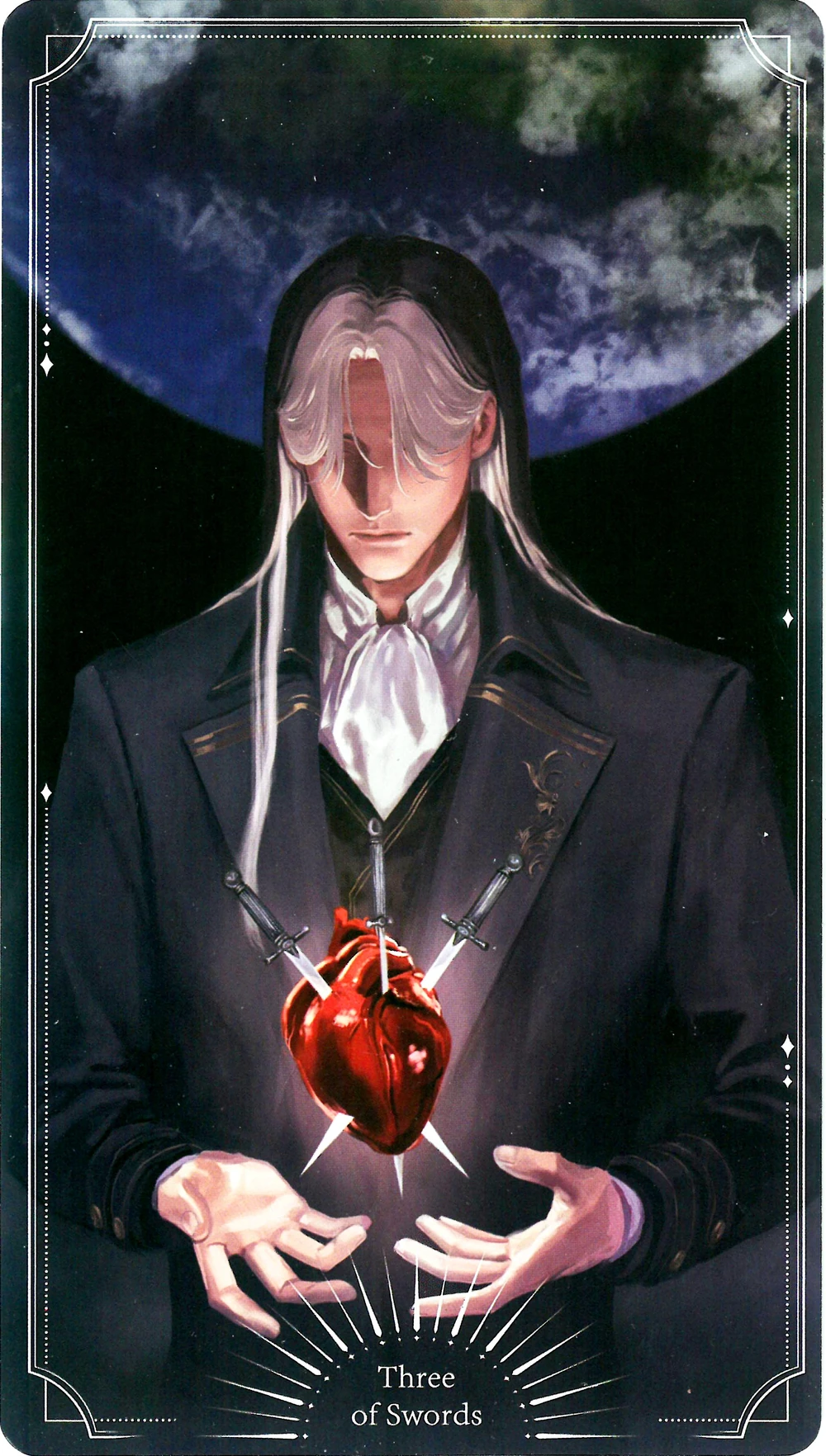<strong>Mr. Door holding a heart pierced by swords with the Earth in the background.</strong>
